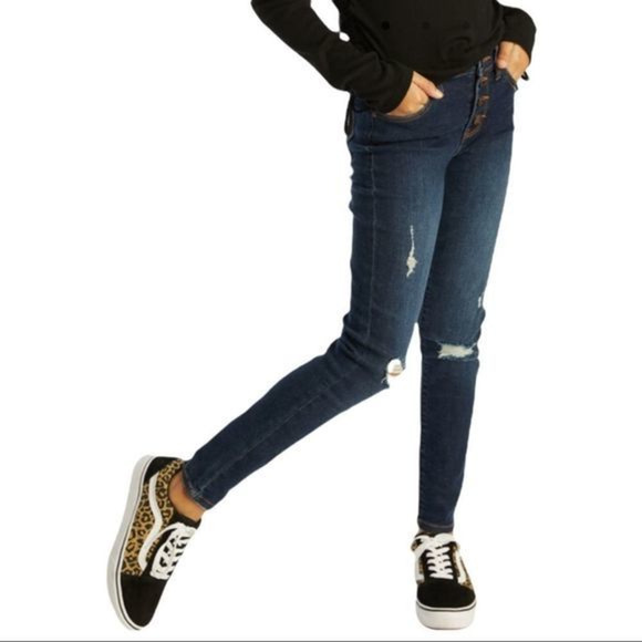 RSQ Mid Rise Skinny Exposed Button Ripped Dark Wash Jeans Size 10 - Picture 1 of 12